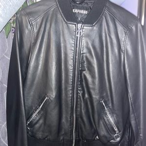 Express black faux leather bomber. Size small